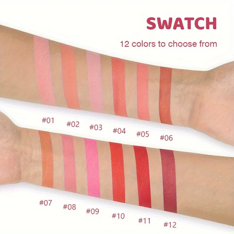 Swatches of 12 shades of blush powder for various skin tones