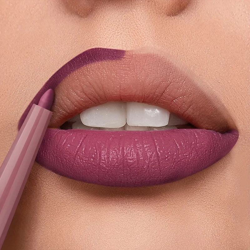 Matte lips with lip liner in deep mauve shade for bold definition