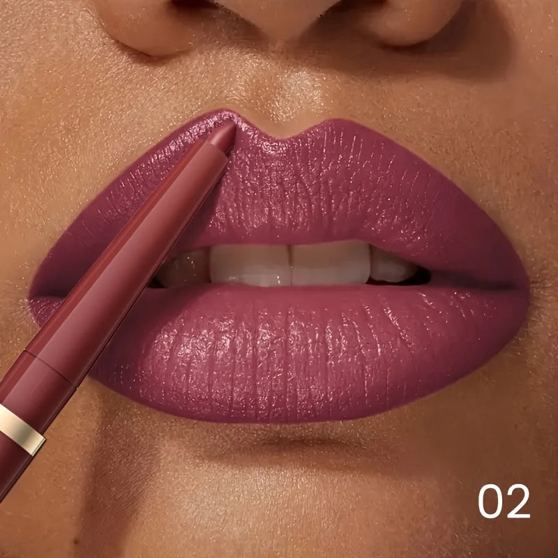 VacationGrabs lips with lip liner in mauve color for a bold look