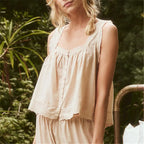 Ladies boho top in light beige, breathable fabric, perfect for summer outings
