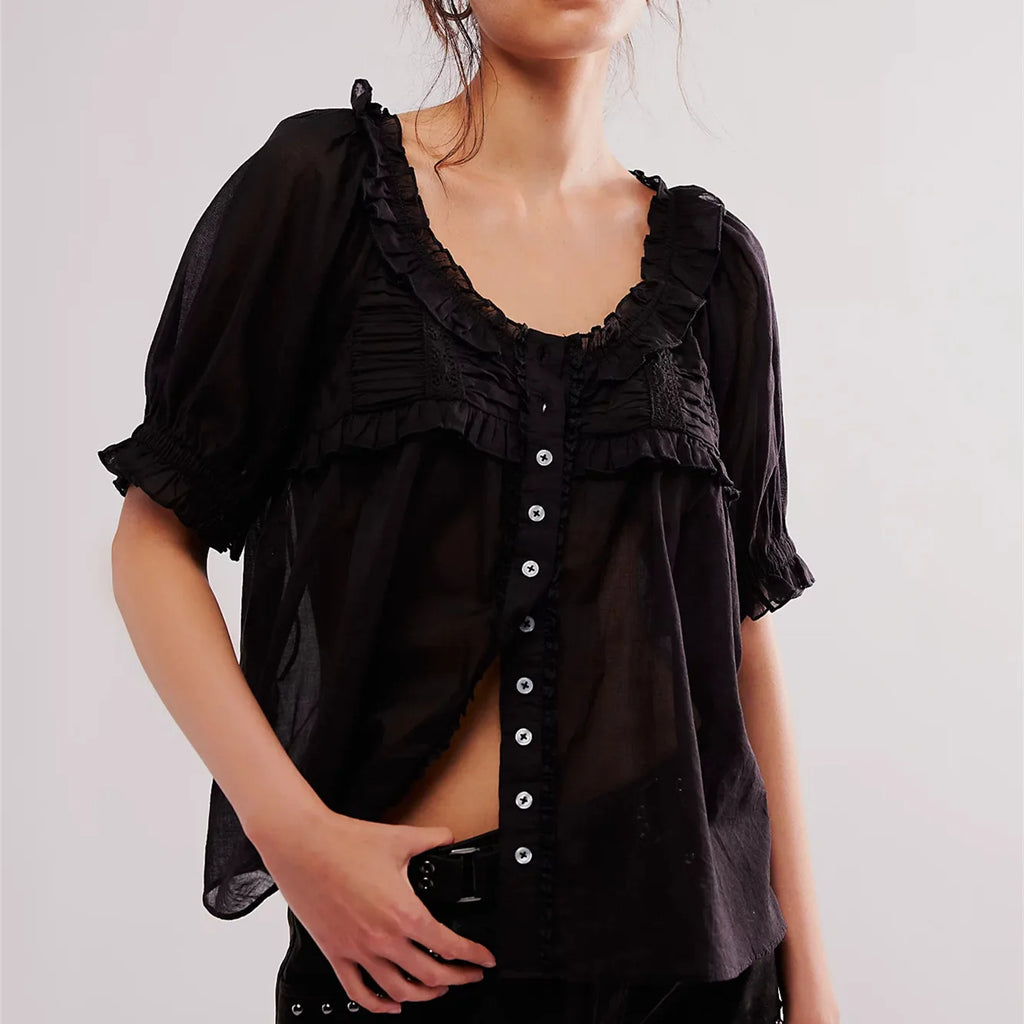 Women's black ladies boho top, lightweight fabric for stylish casual wear