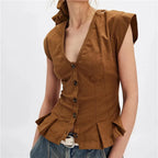 Ladies boho top in brown linen, perfect for casual summer outings