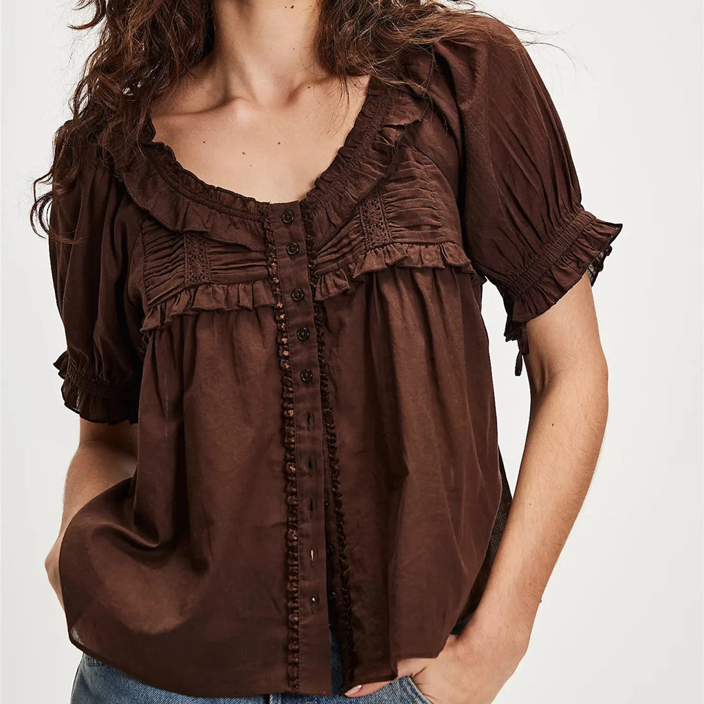 Ladies boho top in brown, lightweight cotton for casual outings