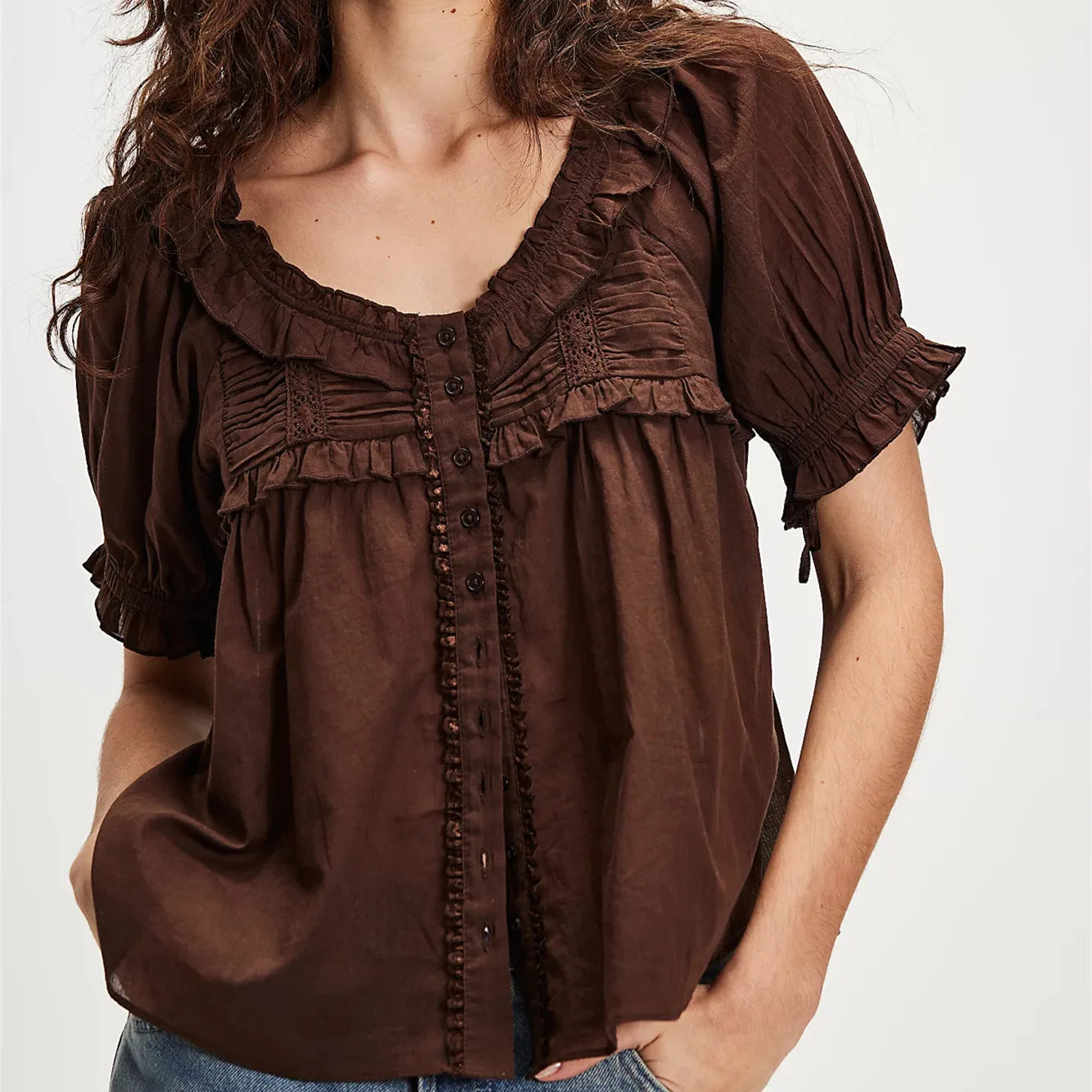 Ladies boho top in brown, lightweight cotton for casual outings