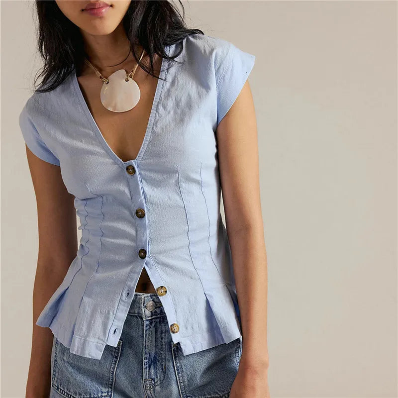 Ladies boho top in light blue cotton, perfect for casual outings