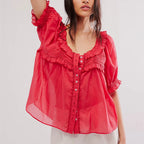 Ladies boho top in red, lightweight fabric, perfect for casual outings