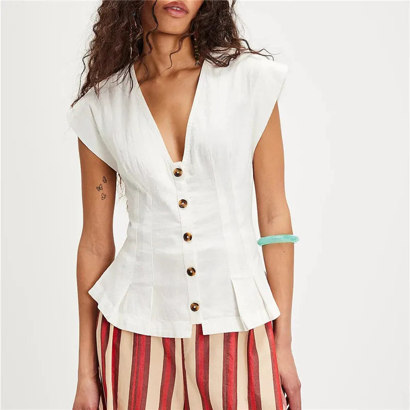 Women's white linen ladies boho top with button details, casual style