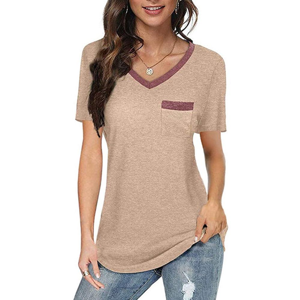 Women's Shirts Ladies Color Matching V-Neck Casual Short Sleeves With Pockets
