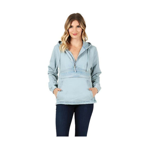 Ladies Half Zip Pullover Denim Jean Jacket with Hood - VacationGrabs