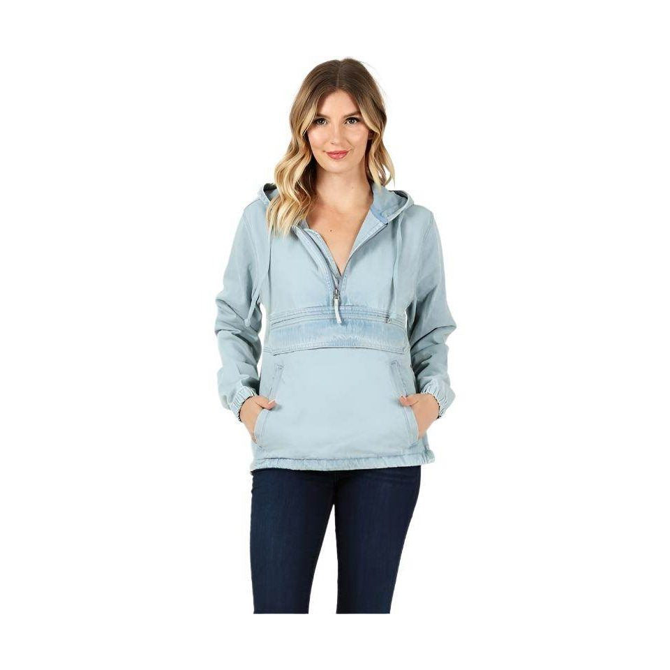 Ladies Half Zip Pullover Denim Jean Jacket with Hood - VacationGrabs