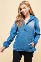 Ladies Half Zip Pullover Denim Jean Jacket with Hood - VacationGrabs