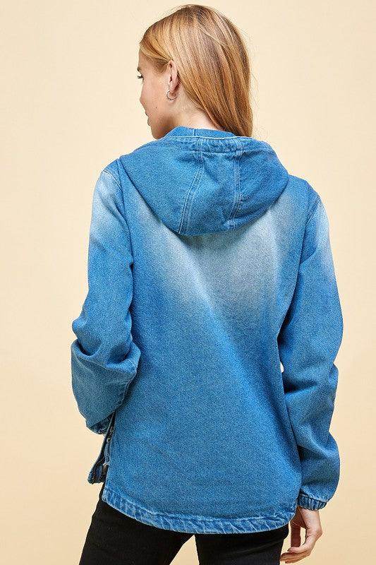 Ladies Half Zip Pullover Denim Jean Jacket with Hood - VacationGrabs