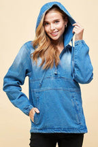 Ladies Half Zip Pullover Denim Jean Jacket with Hood - VacationGrabs