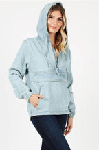 Ladies Half Zip Pullover Denim Jean Jacket with Hood - VacationGrabs