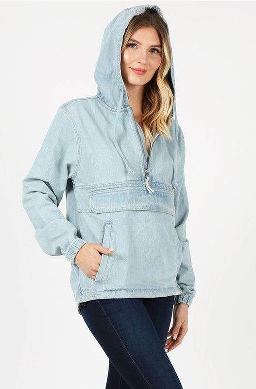 Ladies Half Zip Pullover Denim Jean Jacket with Hood - VacationGrabs