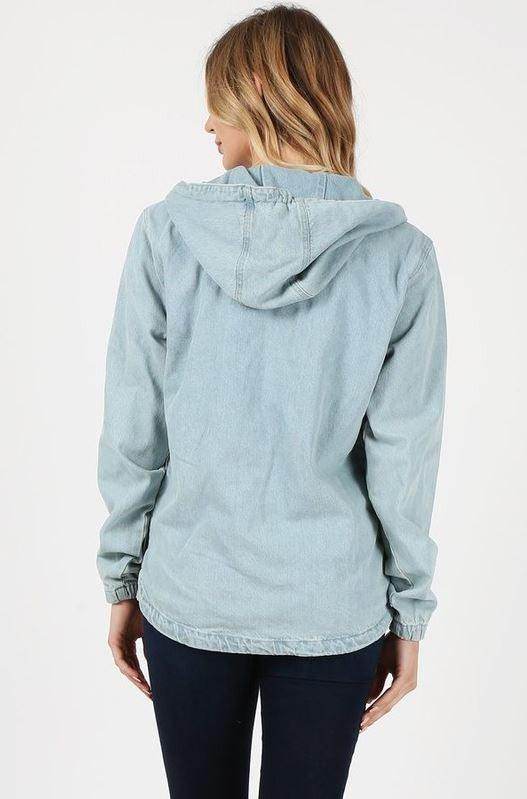 Ladies Half Zip Pullover Denim Jean Jacket with Hood - VacationGrabs