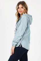Ladies Half Zip Pullover Denim Jean Jacket with Hood - VacationGrabs