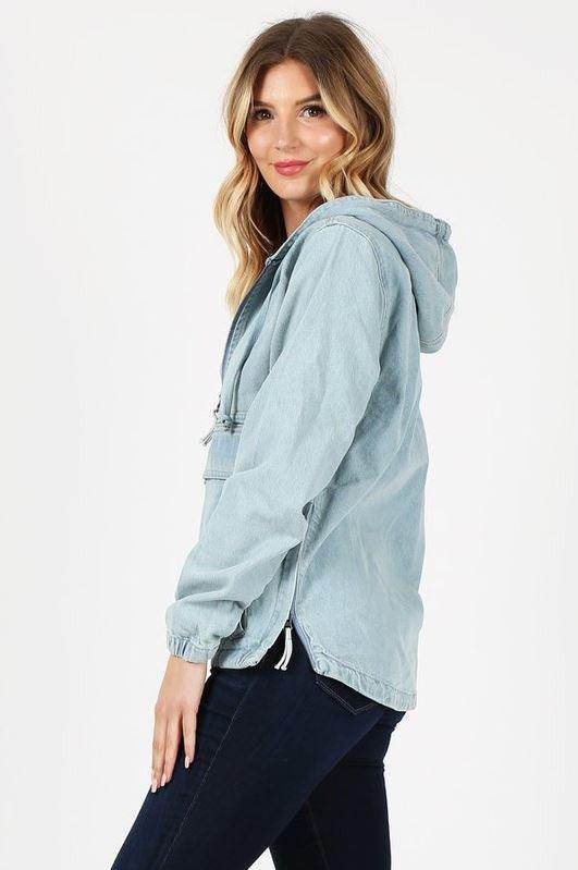 Ladies Half Zip Pullover Denim Jean Jacket with Hood - VacationGrabs