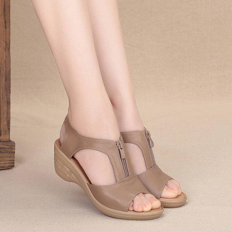 Women's Shoes - Sandals Ladies Low Heel Sandals Pu Leather Non Slip Cool Zip Up