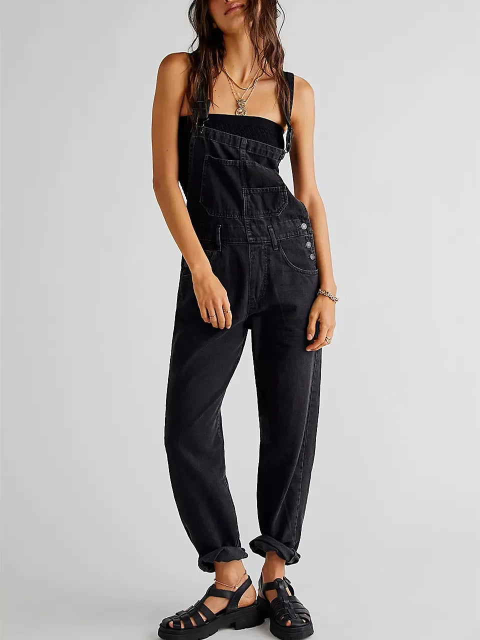 Black ladies overalls denim for casual wear with adjustable straps