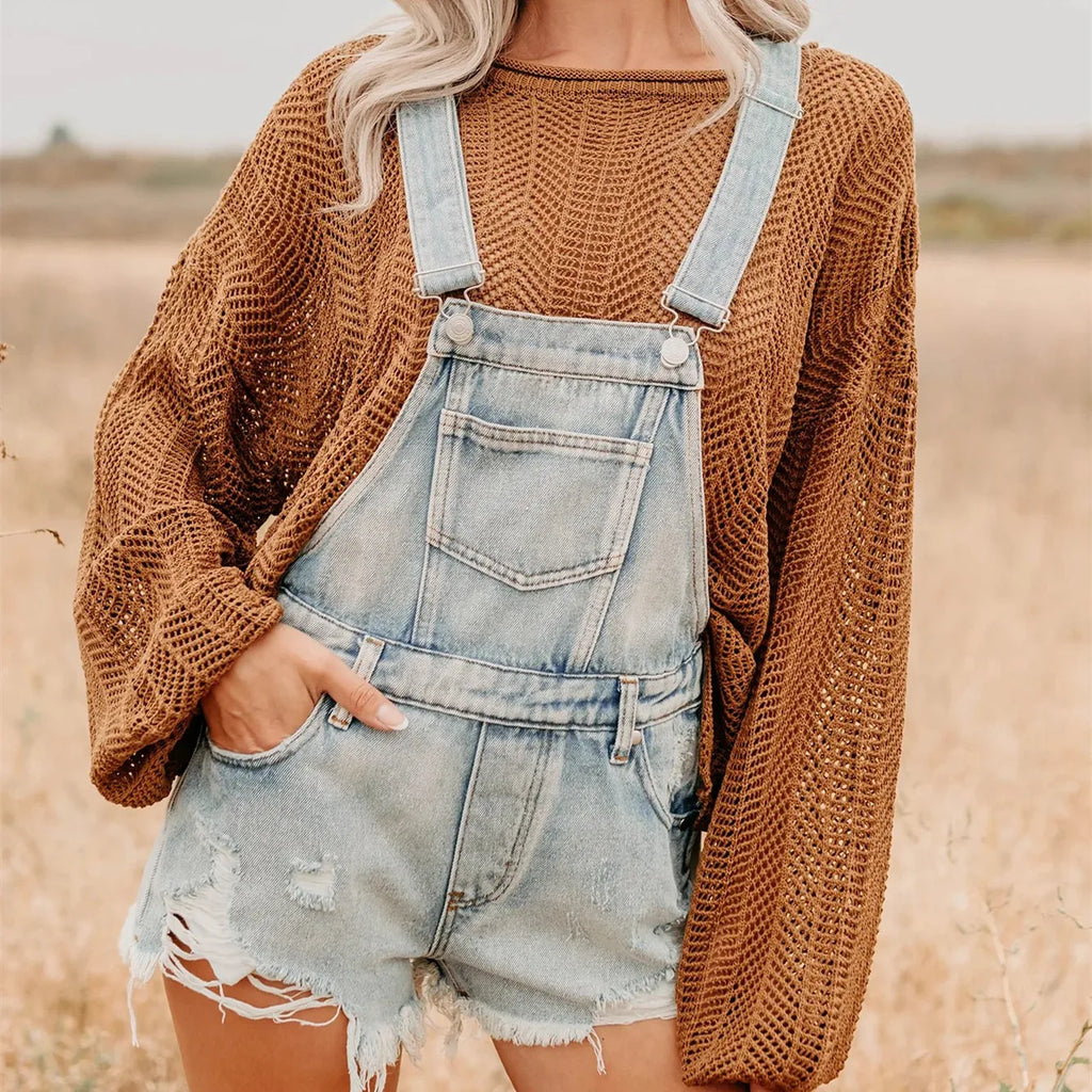 ladies overalls denim, distressed design, casual summer outfit