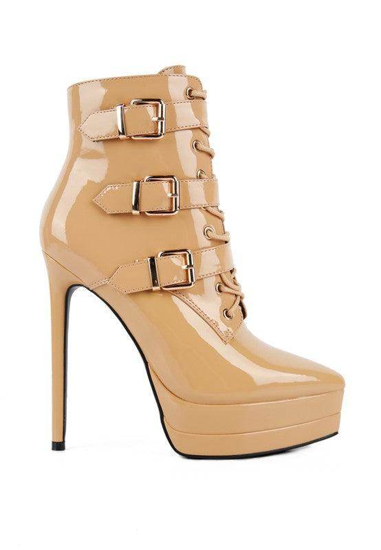 Rag Company ladies patent PU boots with buckle detail and high heels for stylish women's footwear
