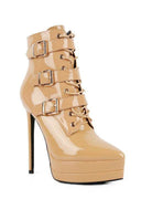Rag Company ladies patent PU boots with buckle detailing and high stiletto heels in nude color