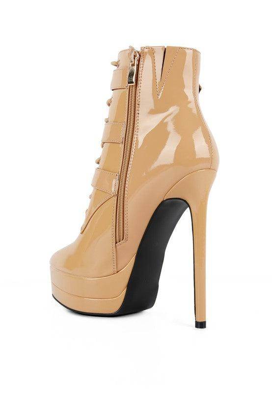 Rag Company ladies patent PU boots in nude with high stiletto heel and stylish zipper design
