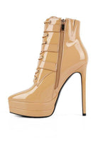 Rag Company ladies patent PU boots in nude with high heel and zip closure for stylish outfits