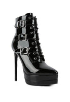 Rag Company ladies patent PU boots with high heels and multiple buckle details for stylish looks