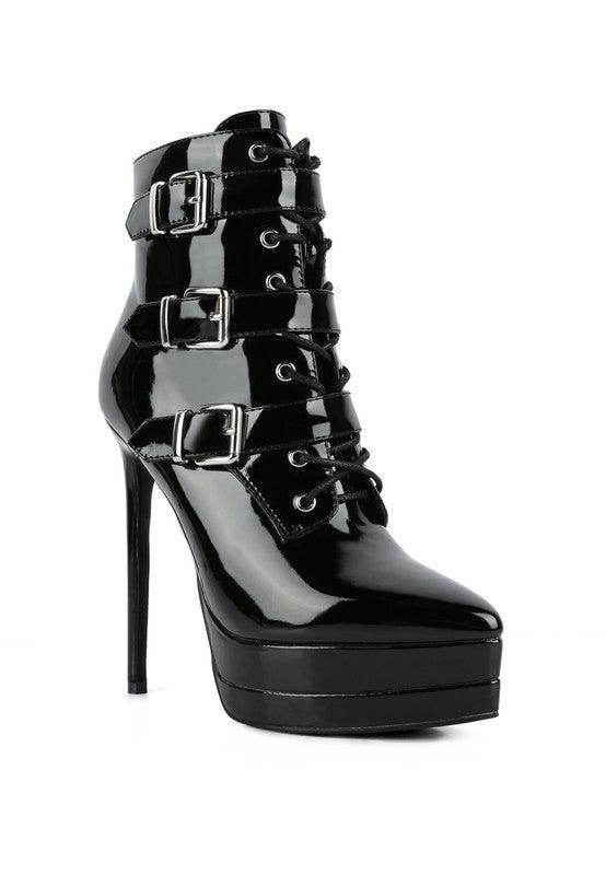 Rag Company ladies patent PU boots with high heels and multiple buckle details for stylish looks