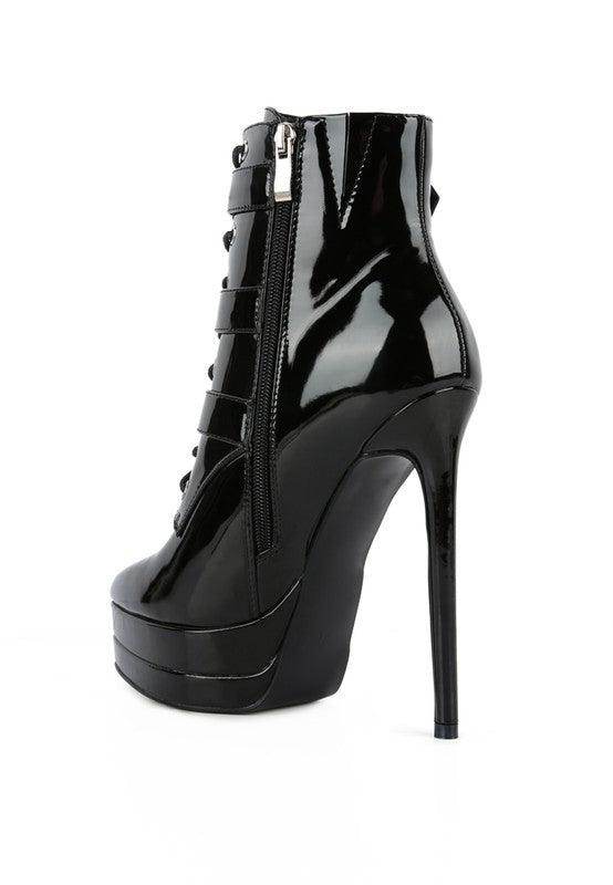 Rag Company ladies patent PU boots with high heel and adjustable lace-up front for stylish elegance