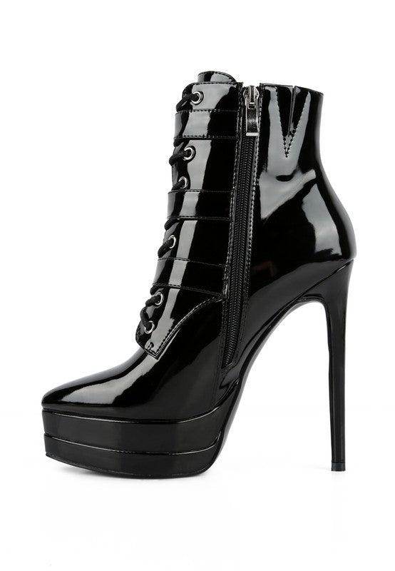 Stylish Rag Company ladies patent PU boots with a high heel and lace-up design for a chic look