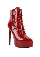 Stylish red ladies patent PU boots with multiple buckle accents and high heels