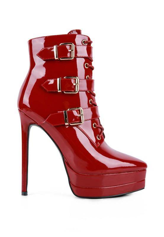 Rag Company ladies patent PU boots in red with buckles and high stiletto heel
