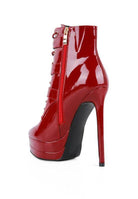 Rag Company ladies patent PU boots in red with high heels and side zipper detail