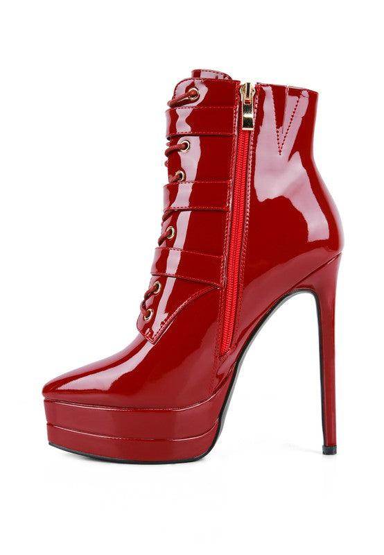 Rag Company ladies patent PU boots in red with high heels and a side zipper for stylish looks