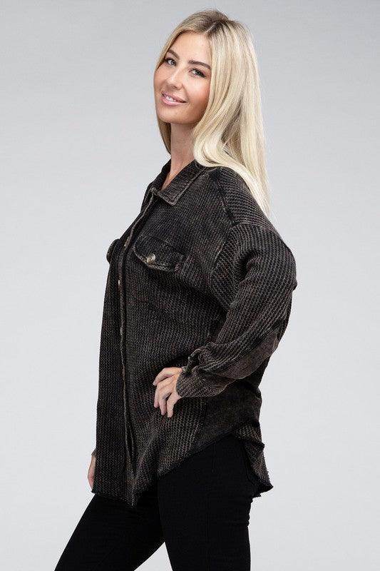 ZENANA Women's Shacket in Dark Stripe, perfect for ladies vacation style jacket.
