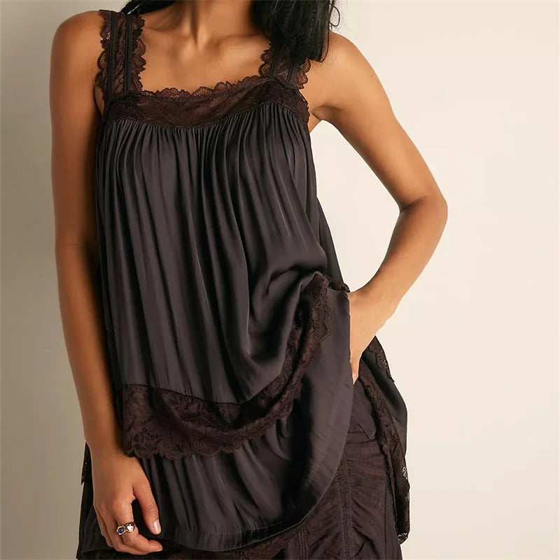 Dark brown lake sleepwear with lace trim for comfortable lounging