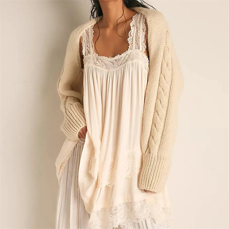 Women's cream lake sleepwear set with cozy knitted cardigan