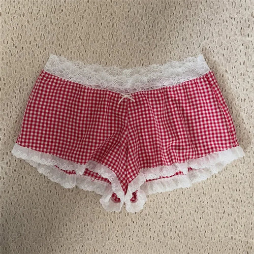 Women's red gingham lake sleepwear shorts with lace trim