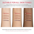 Peel off lip stain swatches on various skin tones, showing diverse color results