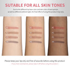 Peel off lip stain swatches on various skin tones, showing diverse color results
