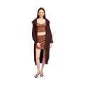 Emory Park lapel collar long cardigan in rich brown, stylishly worn over a matching outfit