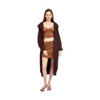 Emory Park lapel collar long cardigan in rich brown, stylishly worn over a matching outfit