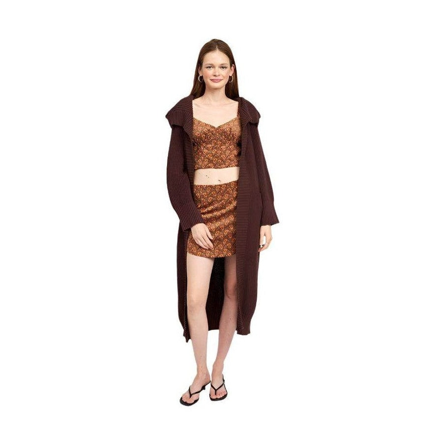 Emory Park lapel collar long cardigan in rich brown, stylishly worn over a matching outfit
