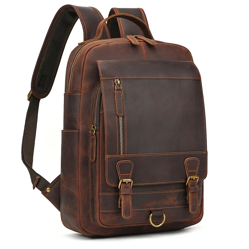 brown leather laptop backpack for work and travel