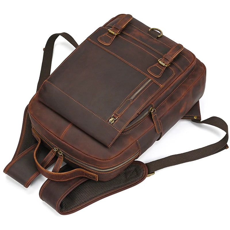 Brown leather laptop backpack with adjustable straps for daily use
