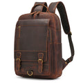 Brown leather laptop backpack, ideal for work and travel.