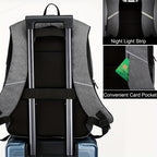 Gray laptop backpack with convenient card pocket and night light strip